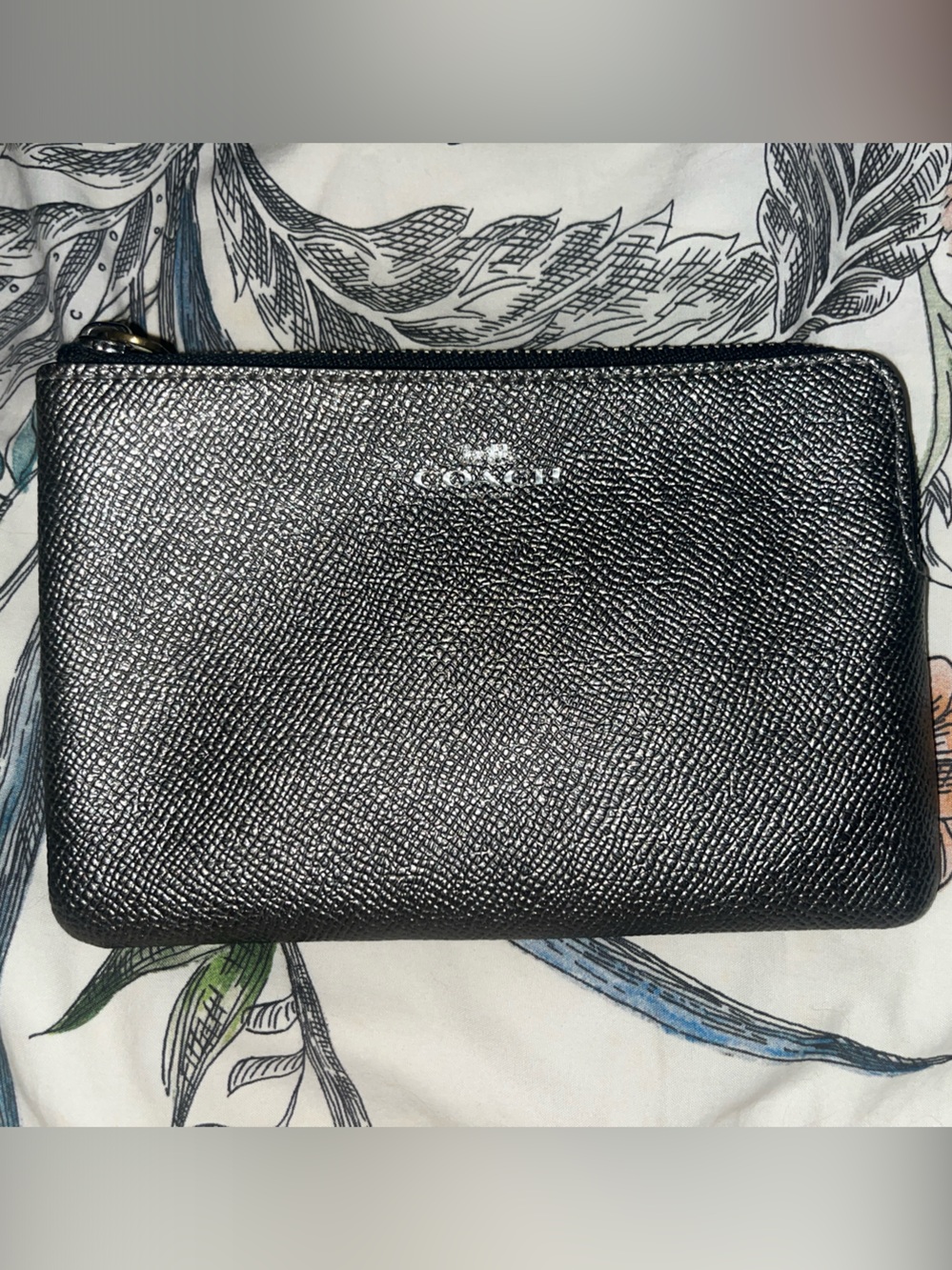 Coach Small Silver Textured Leather Zip Wallet